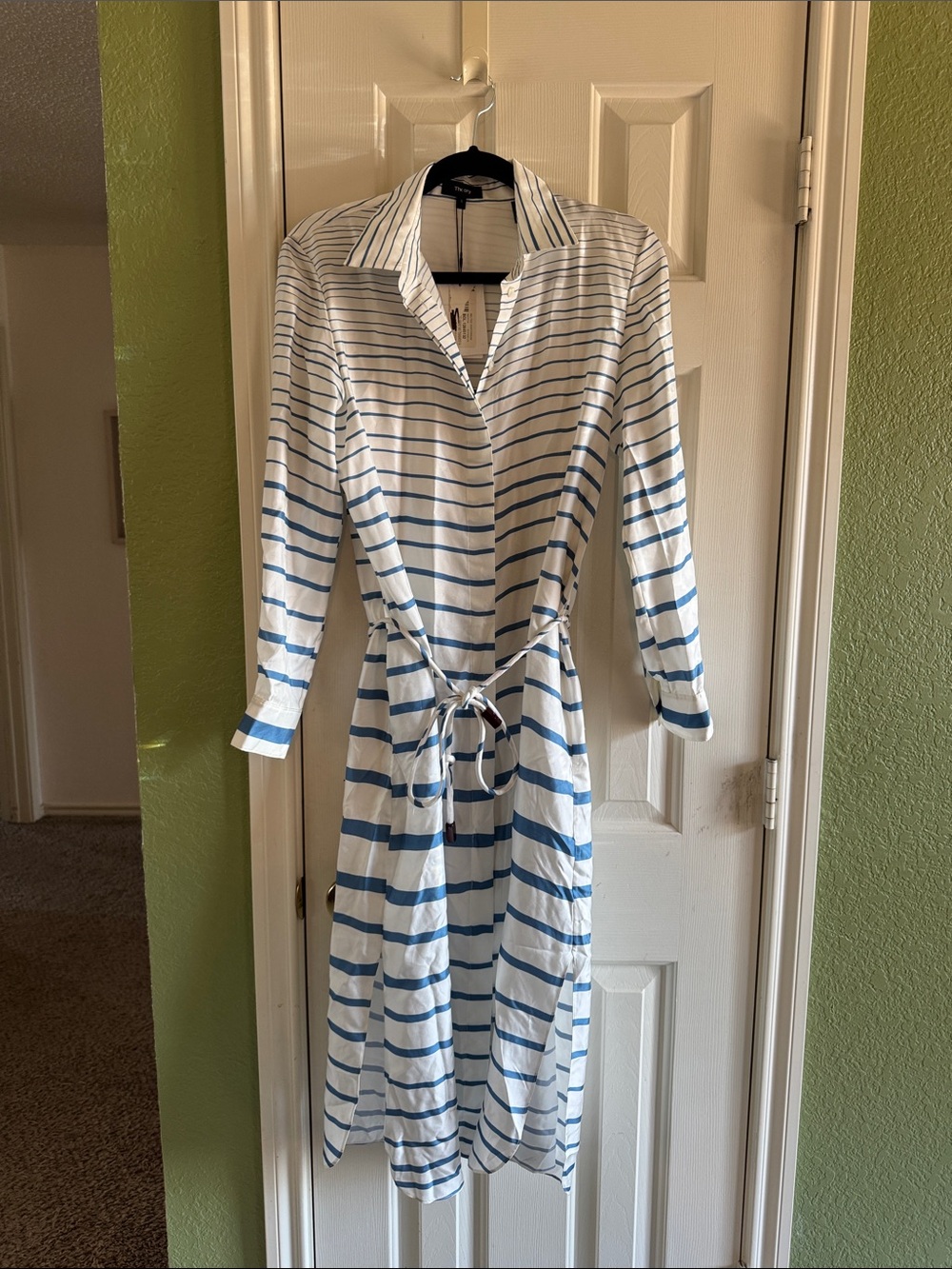 Theory Striped Tie-Waist Long Sleeve Silk Shirt Dress